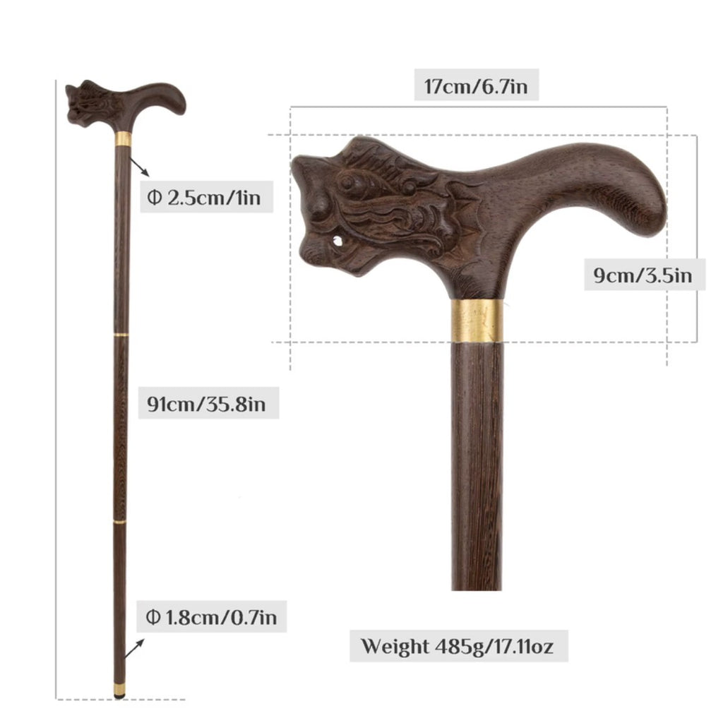 Dragon carved walking cane dimensions, 91cm length and 17cm handle