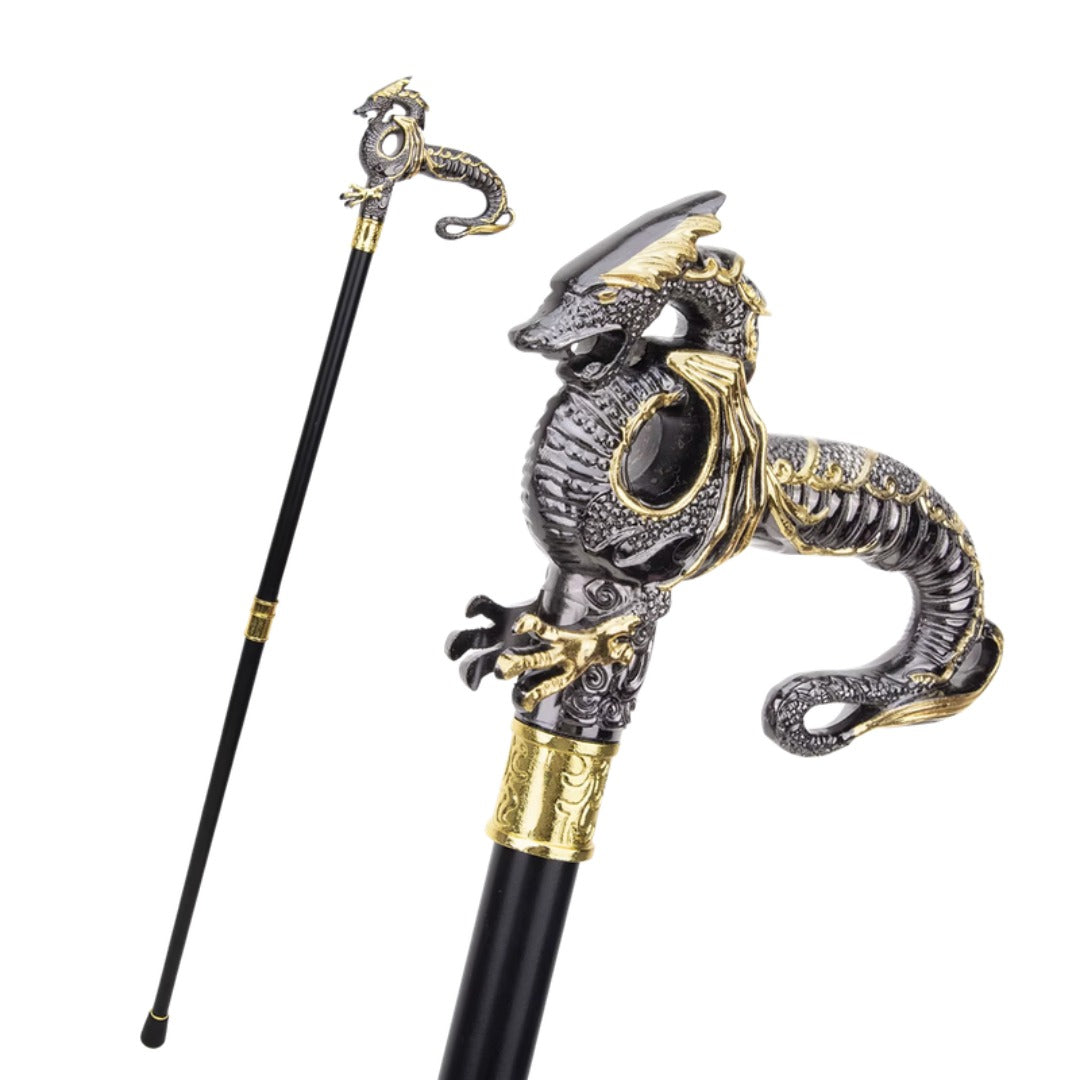 Black & Gold Dragon Walking Cane, coiled dragon handle and full length
