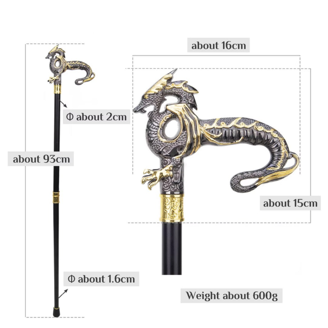 Black & Gold Dragon Walking Cane, third view