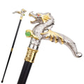 White Dragon Walking Cane with green orb, full length