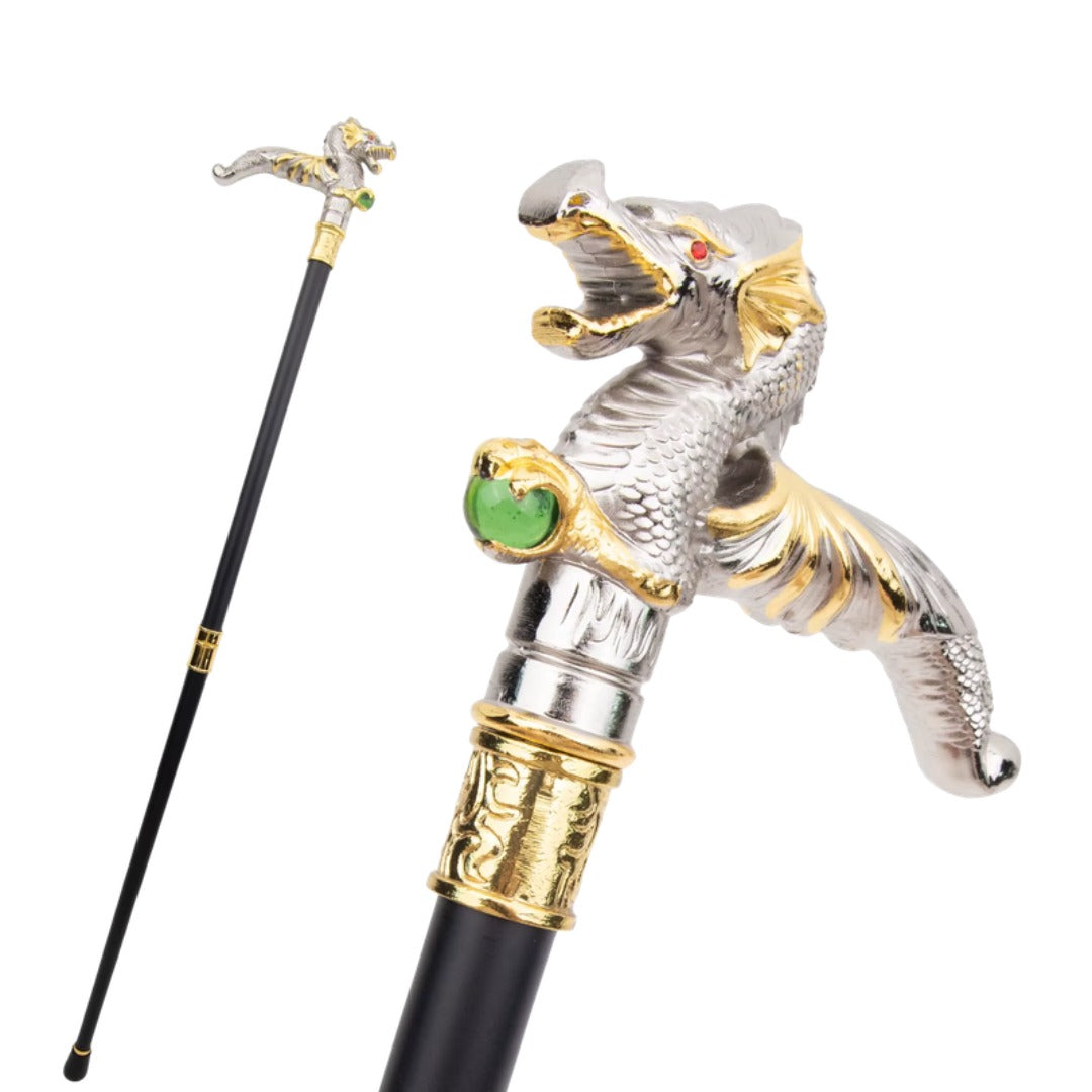 White and gold dragon with green orb, close-up