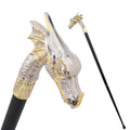 Horned Dragon Walking Cane in white and gold, metal head and full length