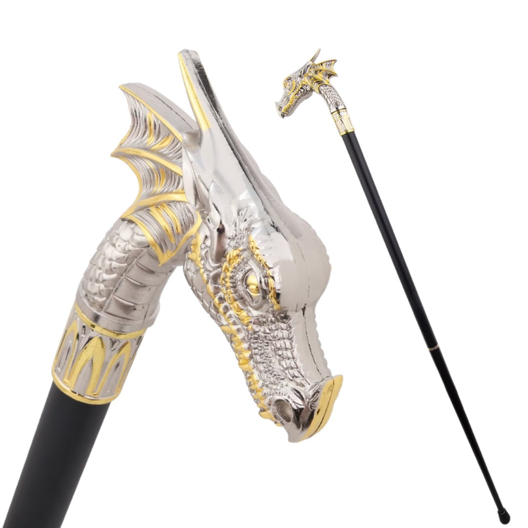Horned Dragon Walking Cane in white and gold, metal head and full length
