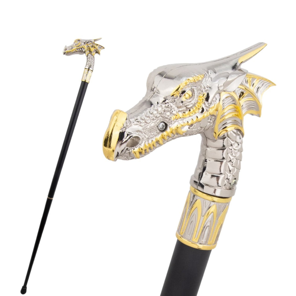 Horned Dragon Walking Cane, white and gold, third view
