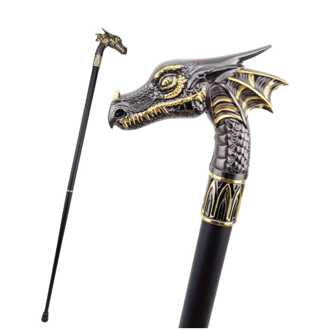 Horned Dragon Walking Cane in black and gold, metal head and full length