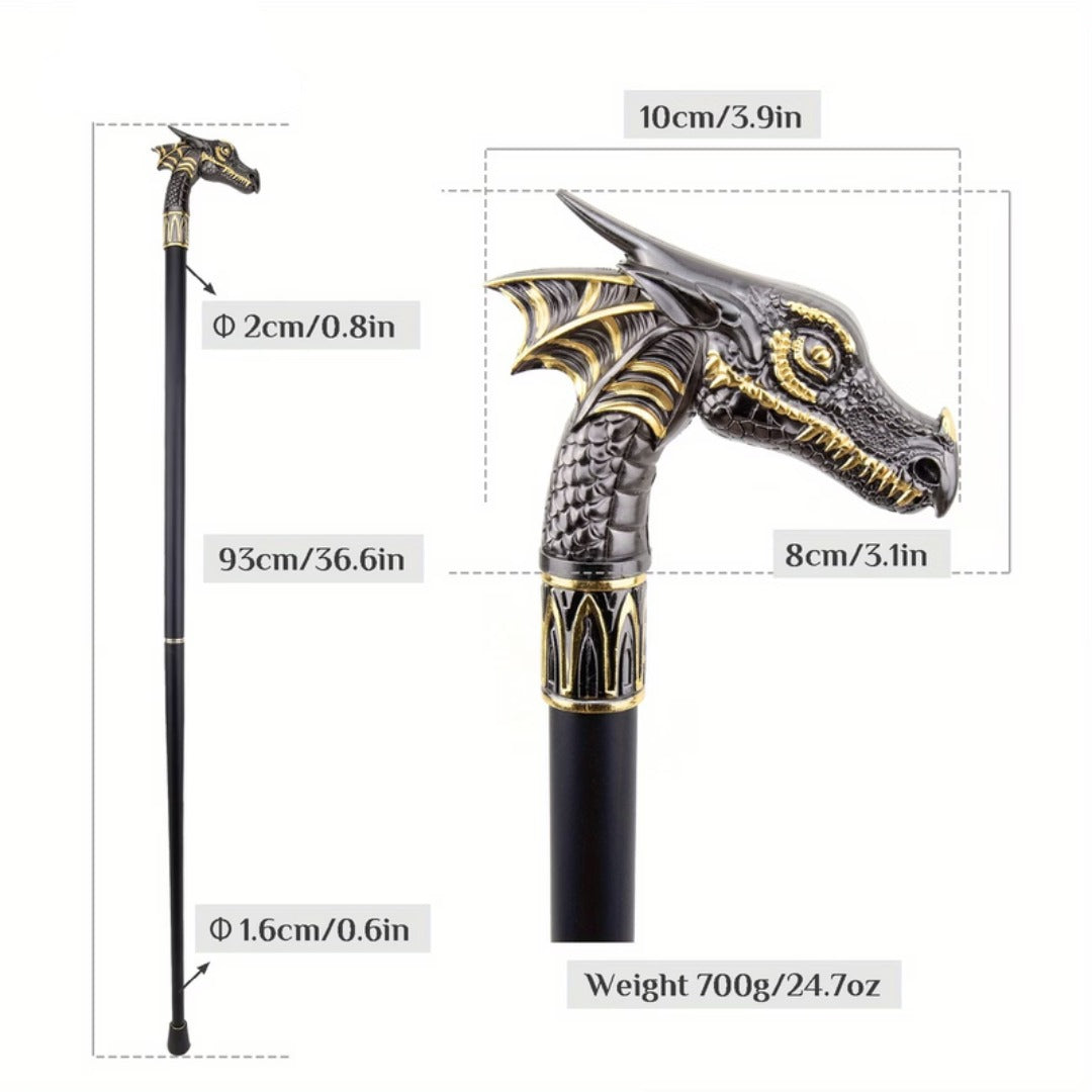 Horned Dragon Walking Cane, black and gold, third view