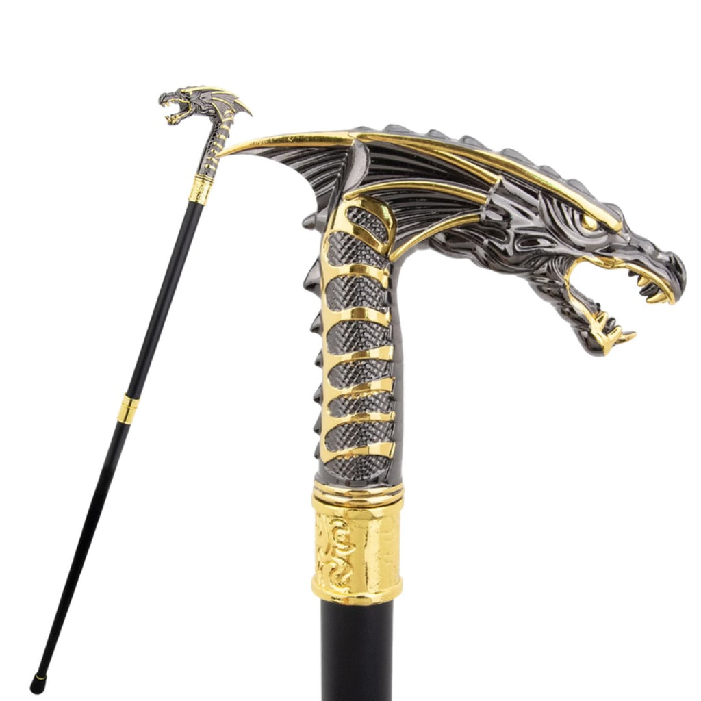 Winged Dragon Walking Cane in gunmetal and gold, full length