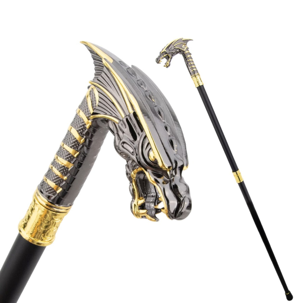 Gunmetal and gold winged dragon head, close-up