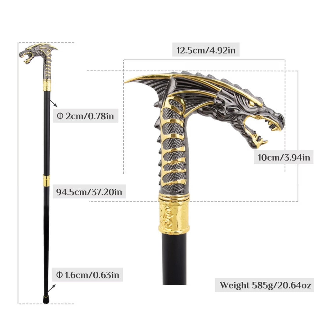 Winged Dragon Walking Cane, gunmetal and gold, third view