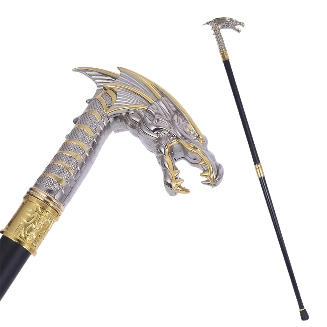 Winged Dragon Walking Cane in platinum, full length
