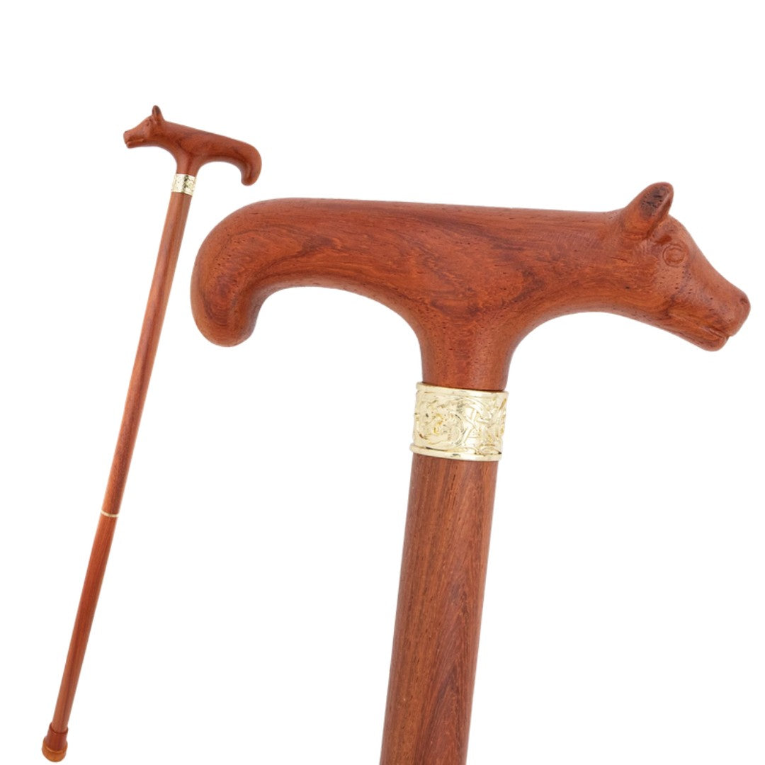 Wooden puppy walking cane with carved T-handle in red brown wood