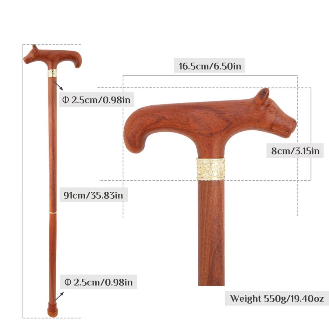 Carved puppy head detail on wooden walking cane T-handle