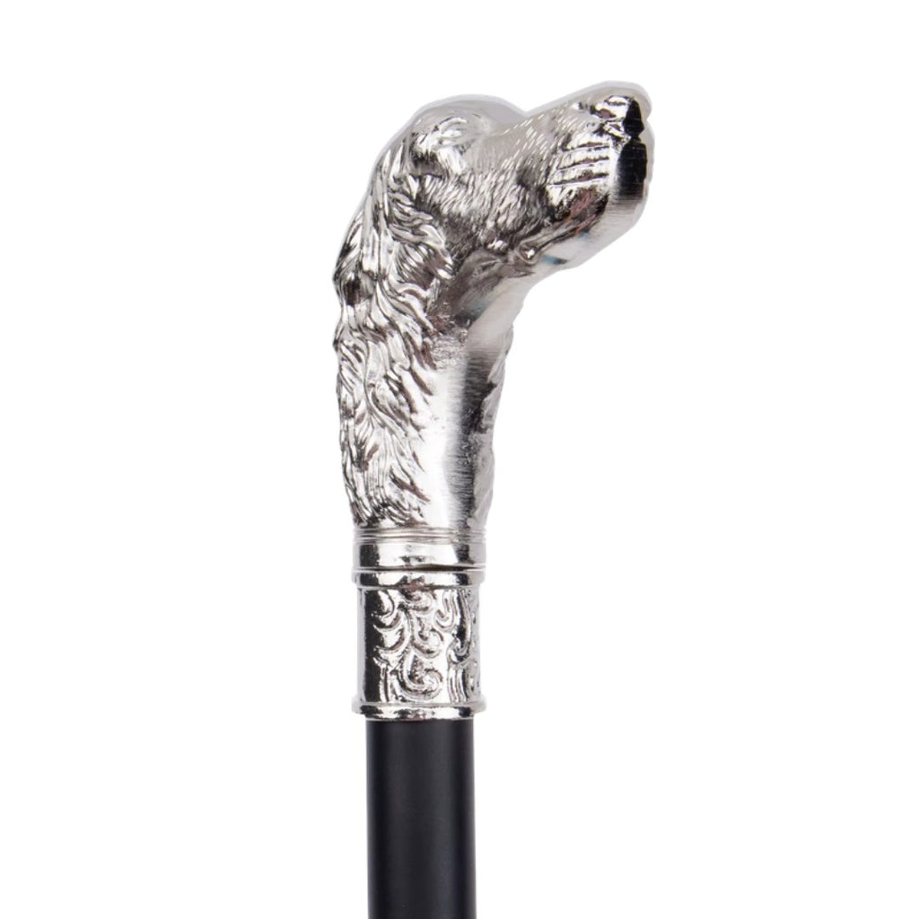 Silver labradoodle head detail on metal walking cane