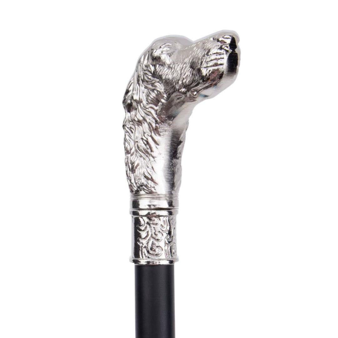 Silver labradoodle head detail on metal walking cane