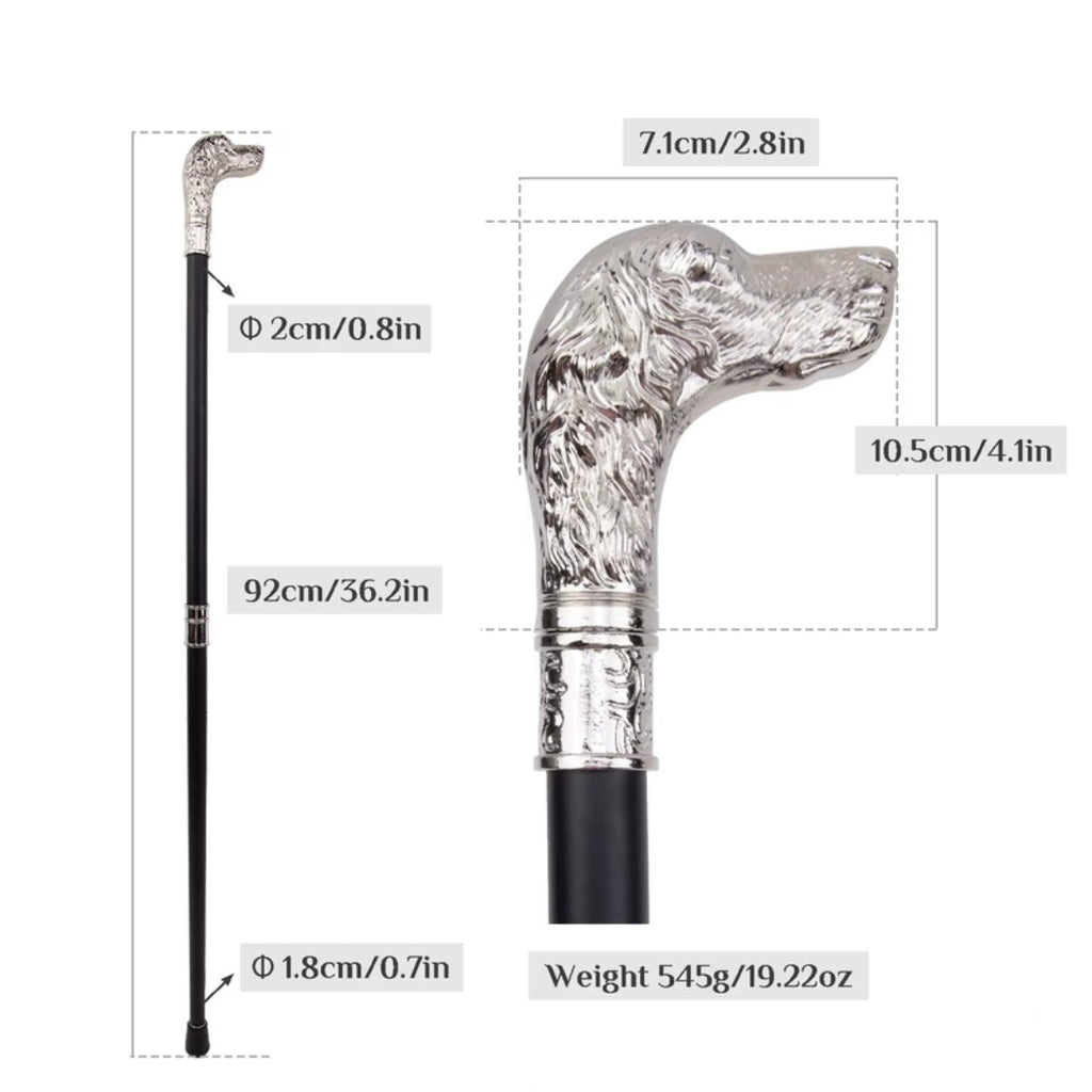 Full length labradoodle walking cane, 93cm silver and black