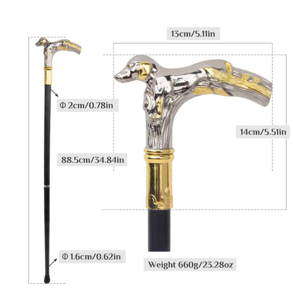 Resting hound T-handle walking cane in white and gold, 88cm