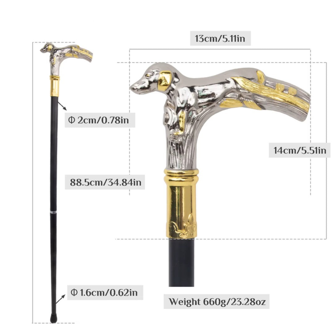 Resting hound T-handle walking cane in white and gold, 88cm