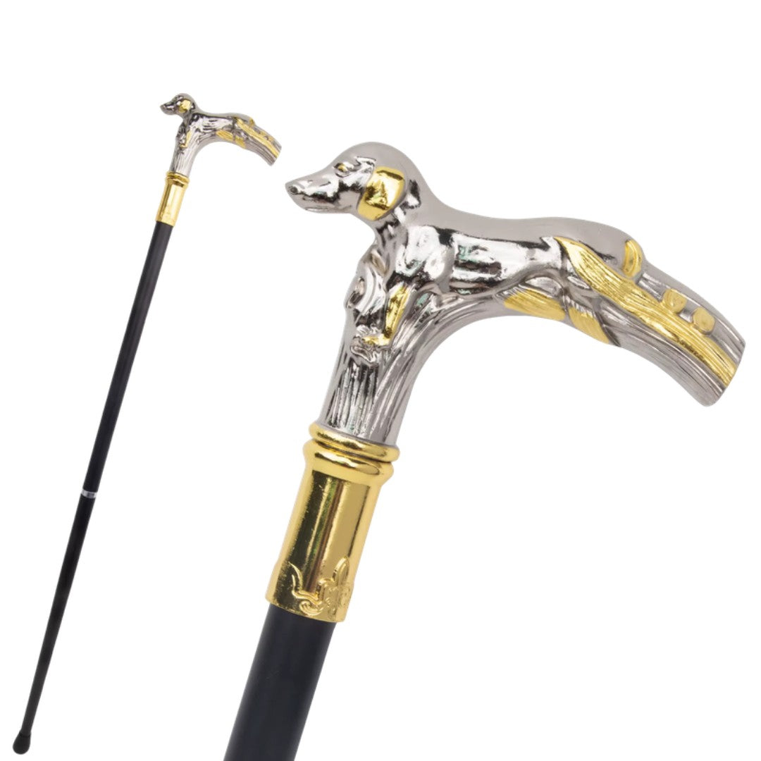 White and gold resting hound handle detail on walking cane