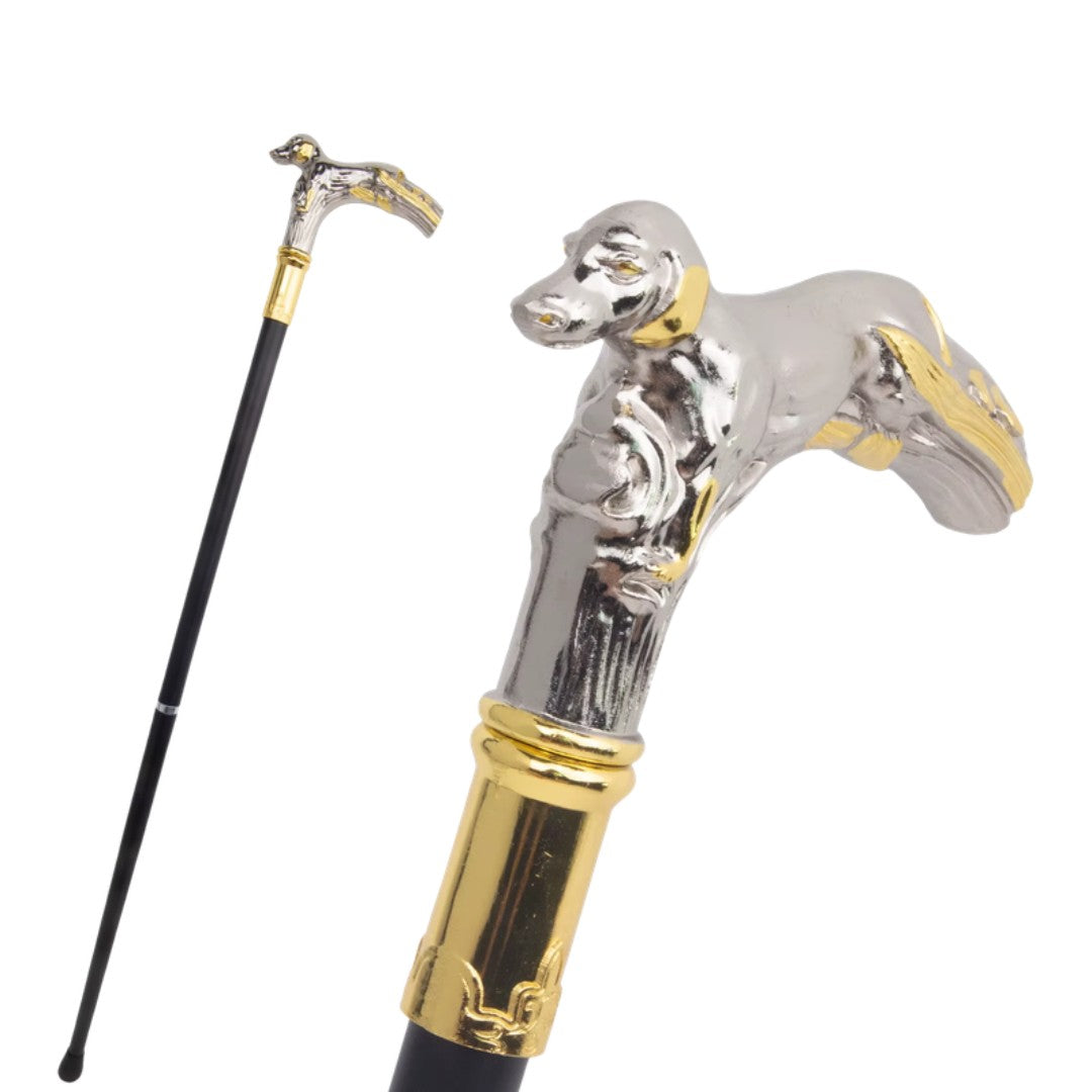 Resting hound walking cane white and gold full length view