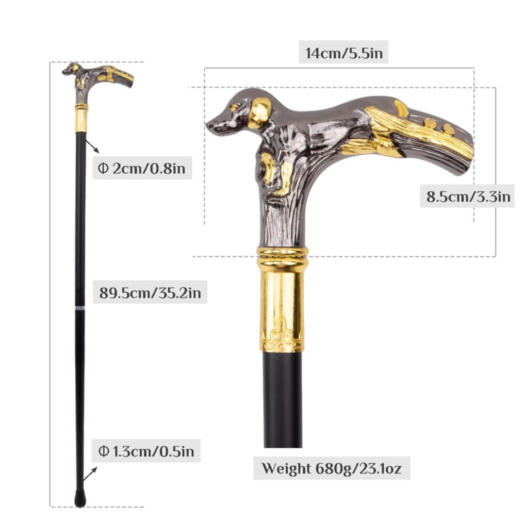 Resting hound T-handle walking cane in black and gold, 90cm