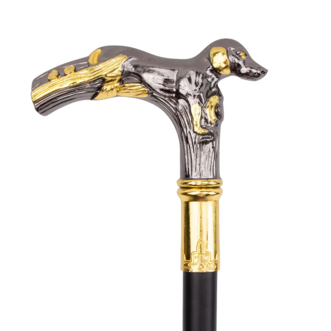 Resting hound walking cane black and gold full length view