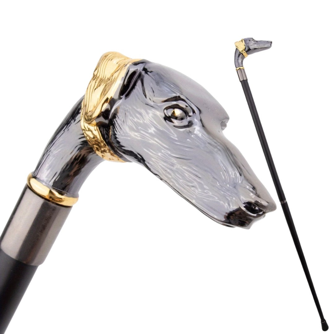 Afghan hound walking cane in black and gold metal, 93cm