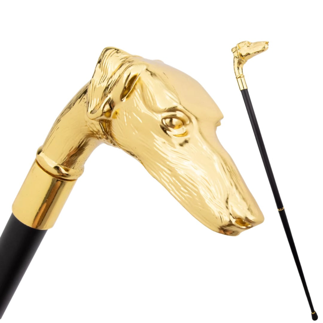 Afghan hound walking cane in gold metal, 93cm
