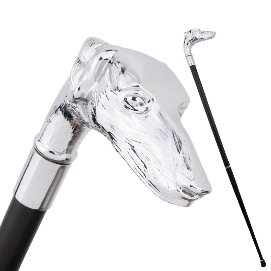 Afghan hound walking cane in silver metal, 93cm