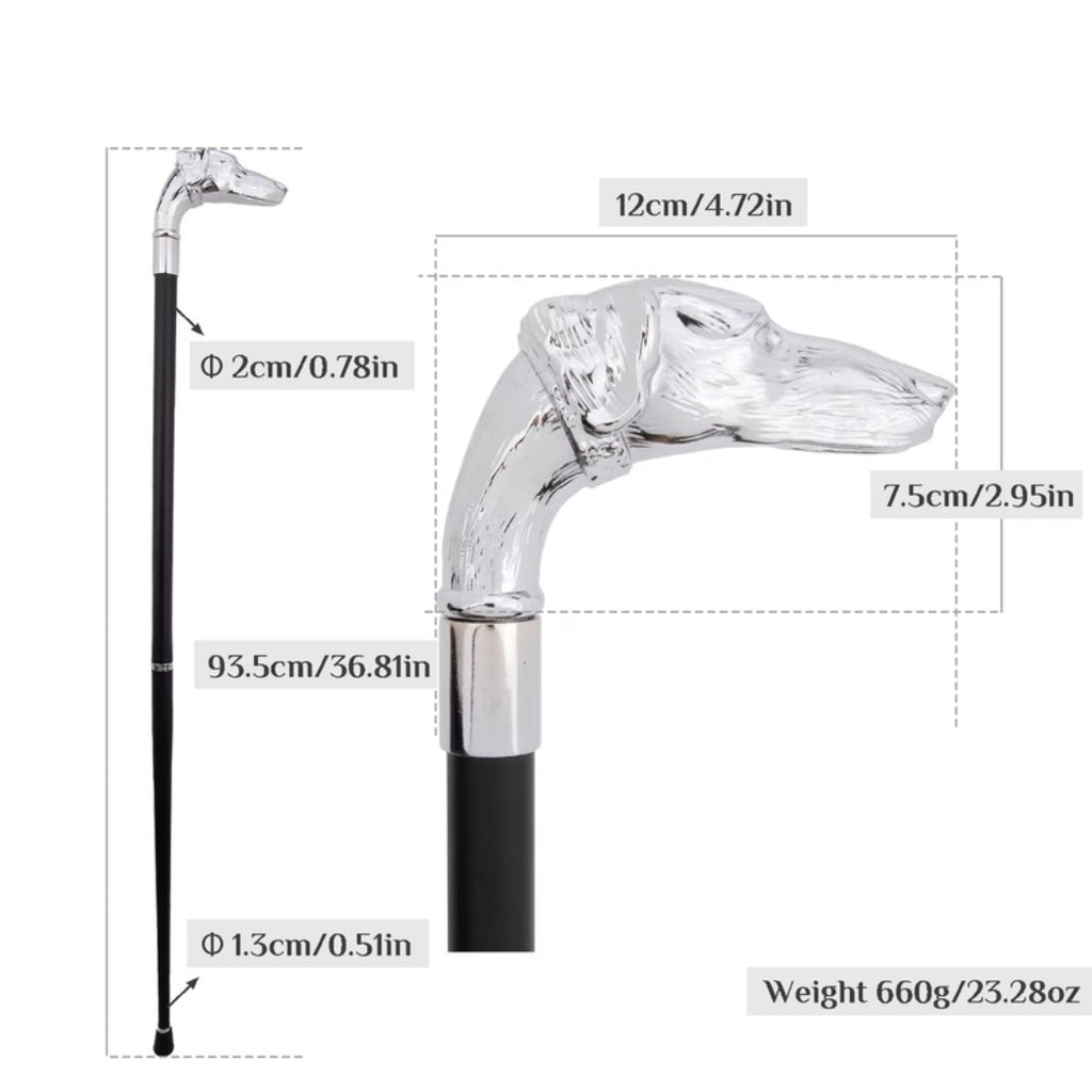Silver Afghan hound head detail on walking cane