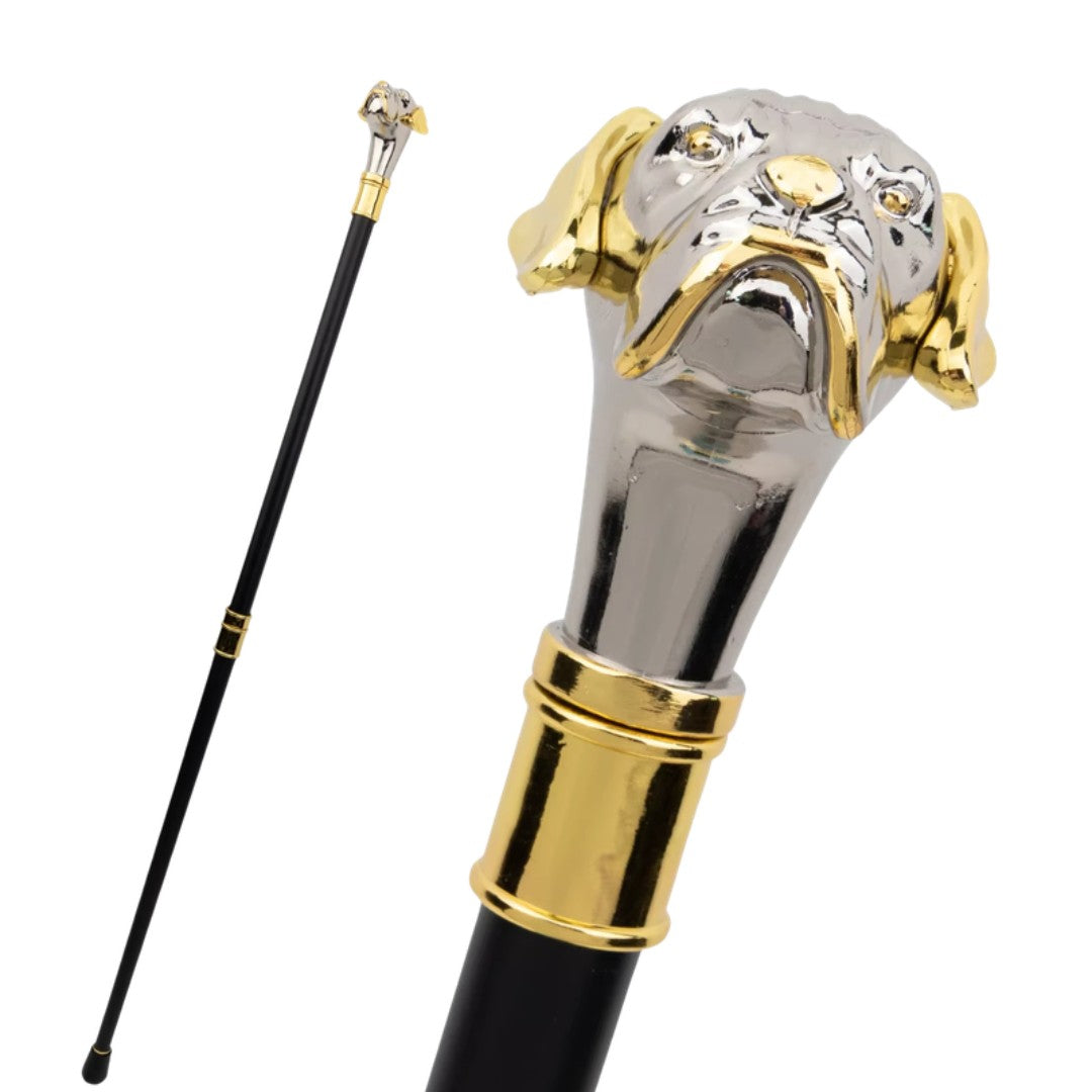 Staffordshire terrier walking cane in silver and gold, 92cm