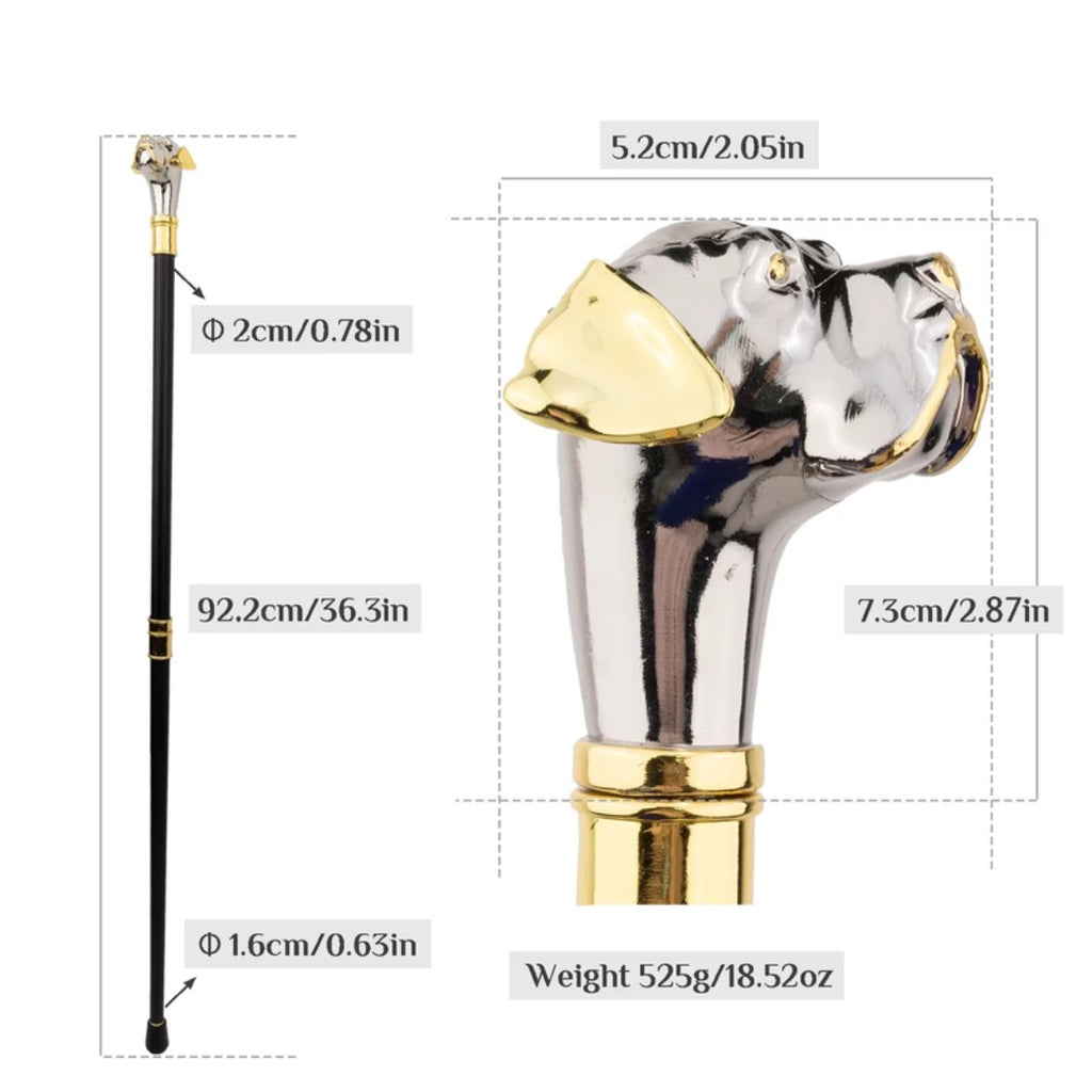 Staffordshire terrier walking cane silver and gold full length