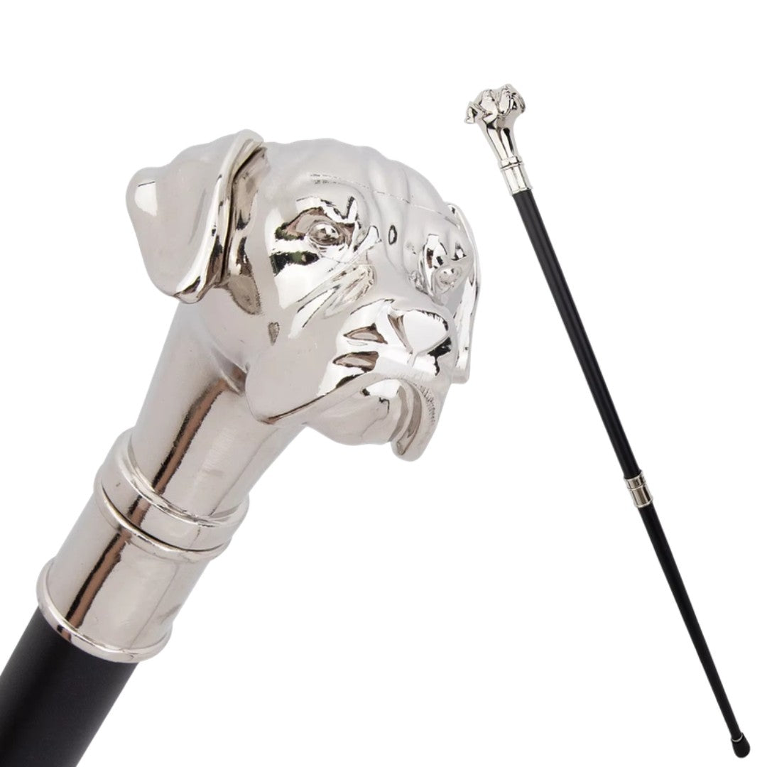 Staffordshire terrier walking cane in polished silver, 92cm