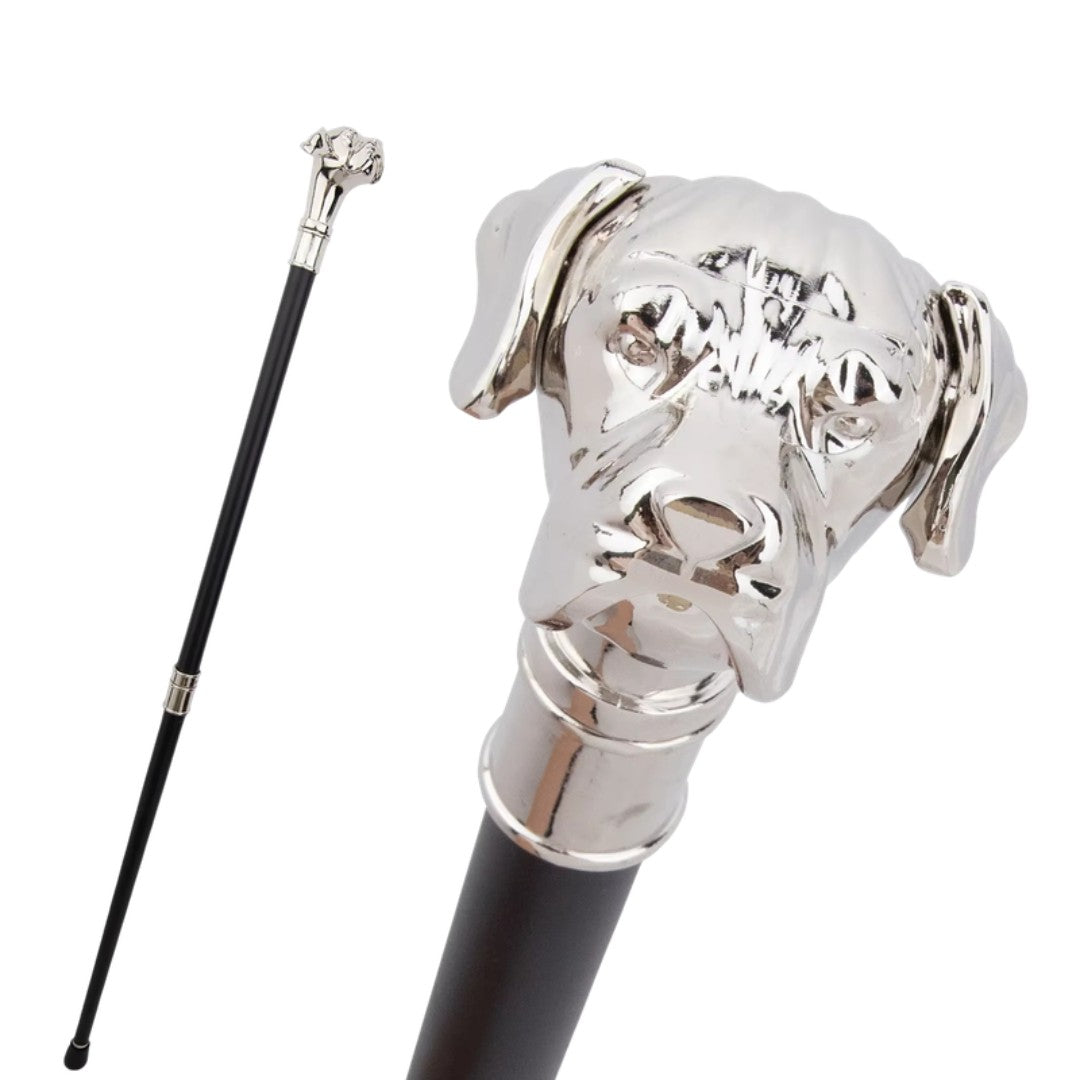 Silver Staffordshire terrier head detail on walking cane