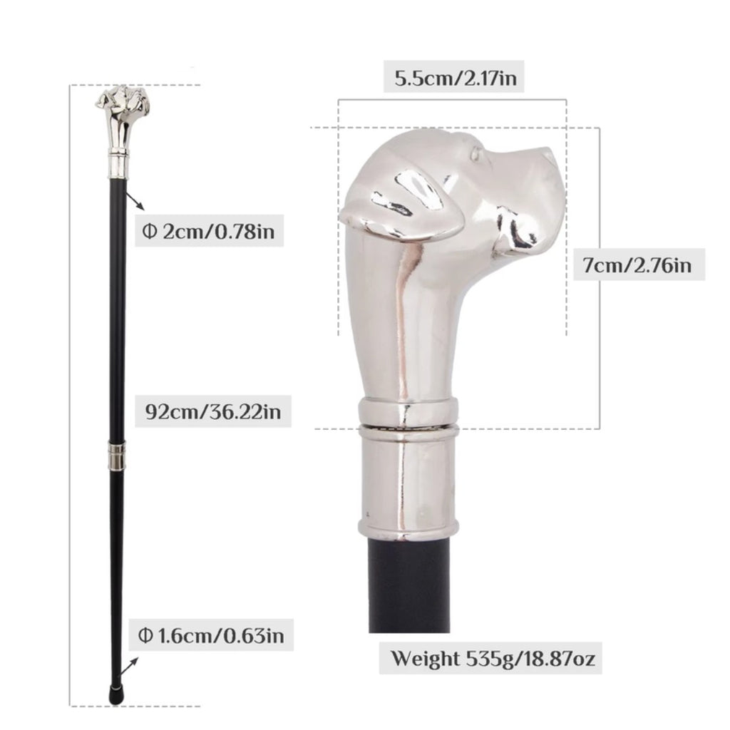 Staffordshire terrier walking cane silver full length view