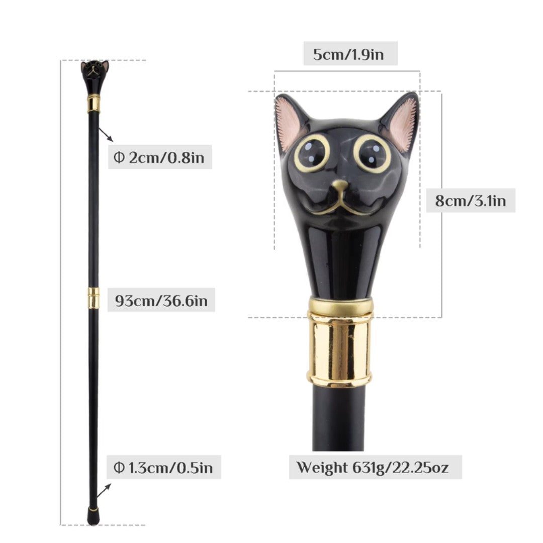 Glossy black cat head detail on walking cane