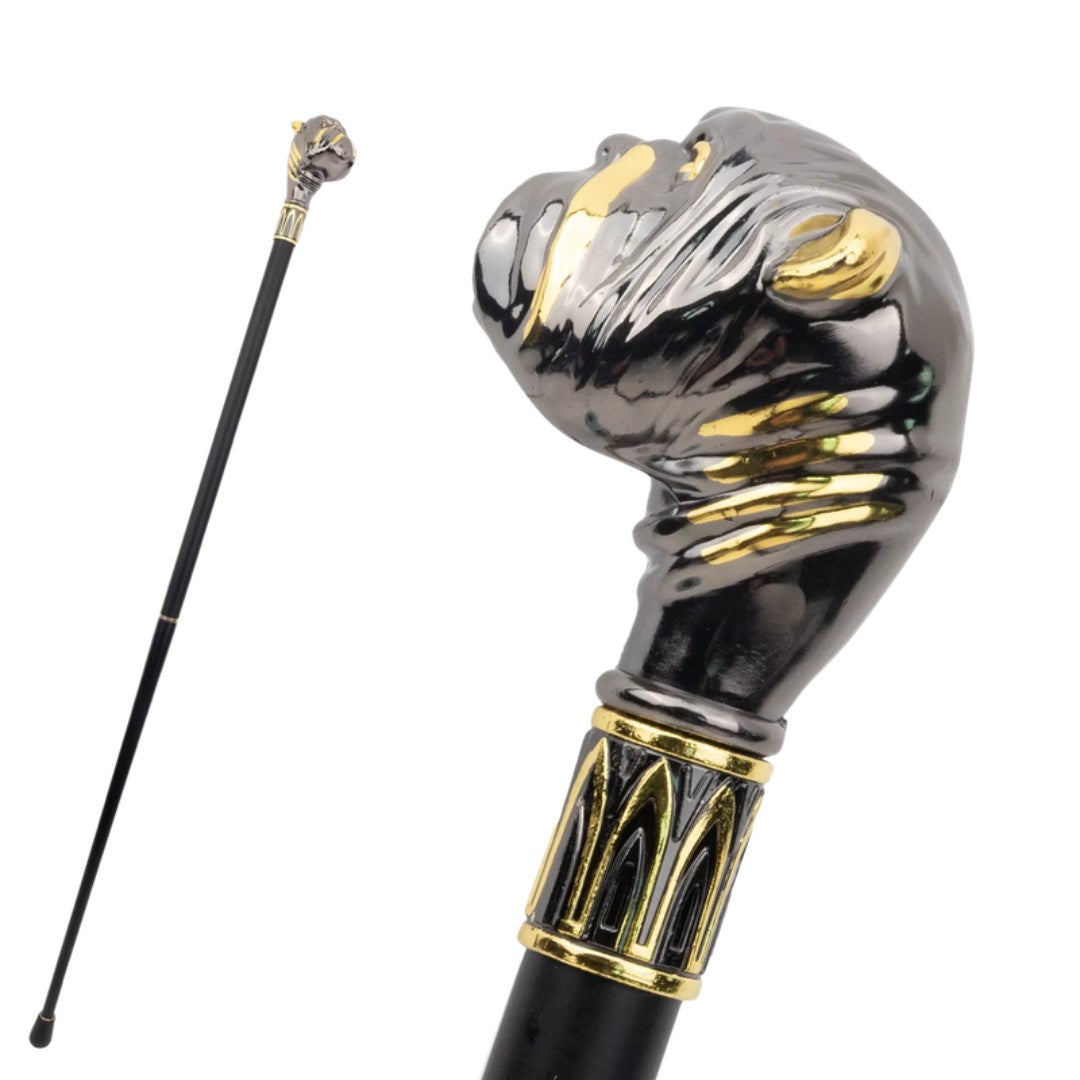 Bulldog walking cane in black and gold metal, 90cm