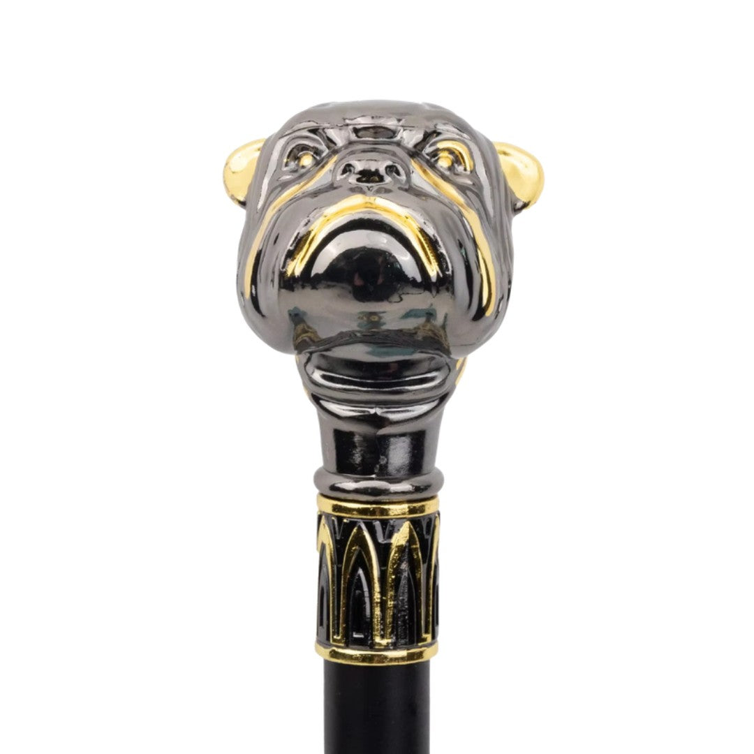 Bulldog walking cane black and gold full length view
