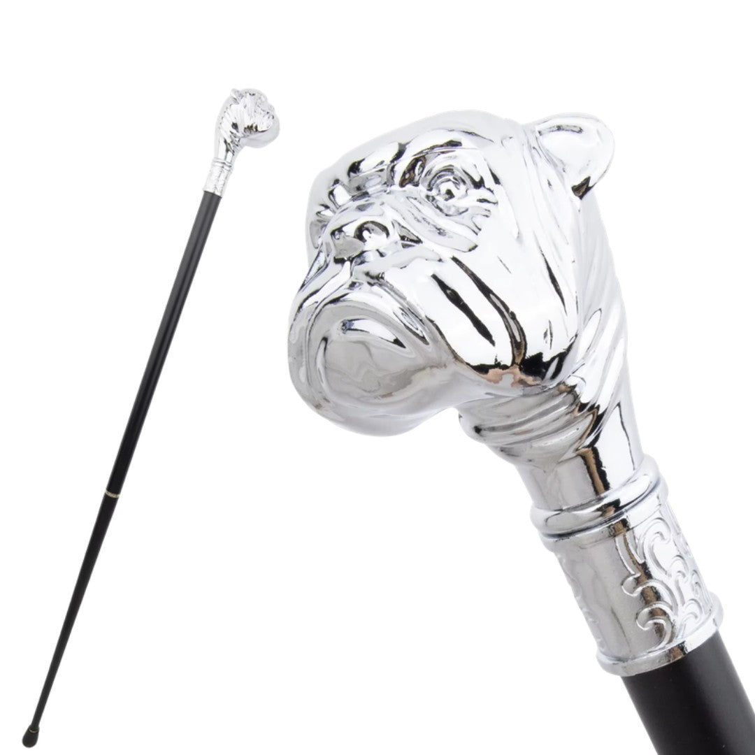 Bulldog walking cane in polished silver, 92cm