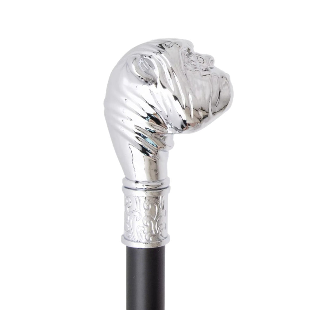 Silver bulldog head detail on walking cane