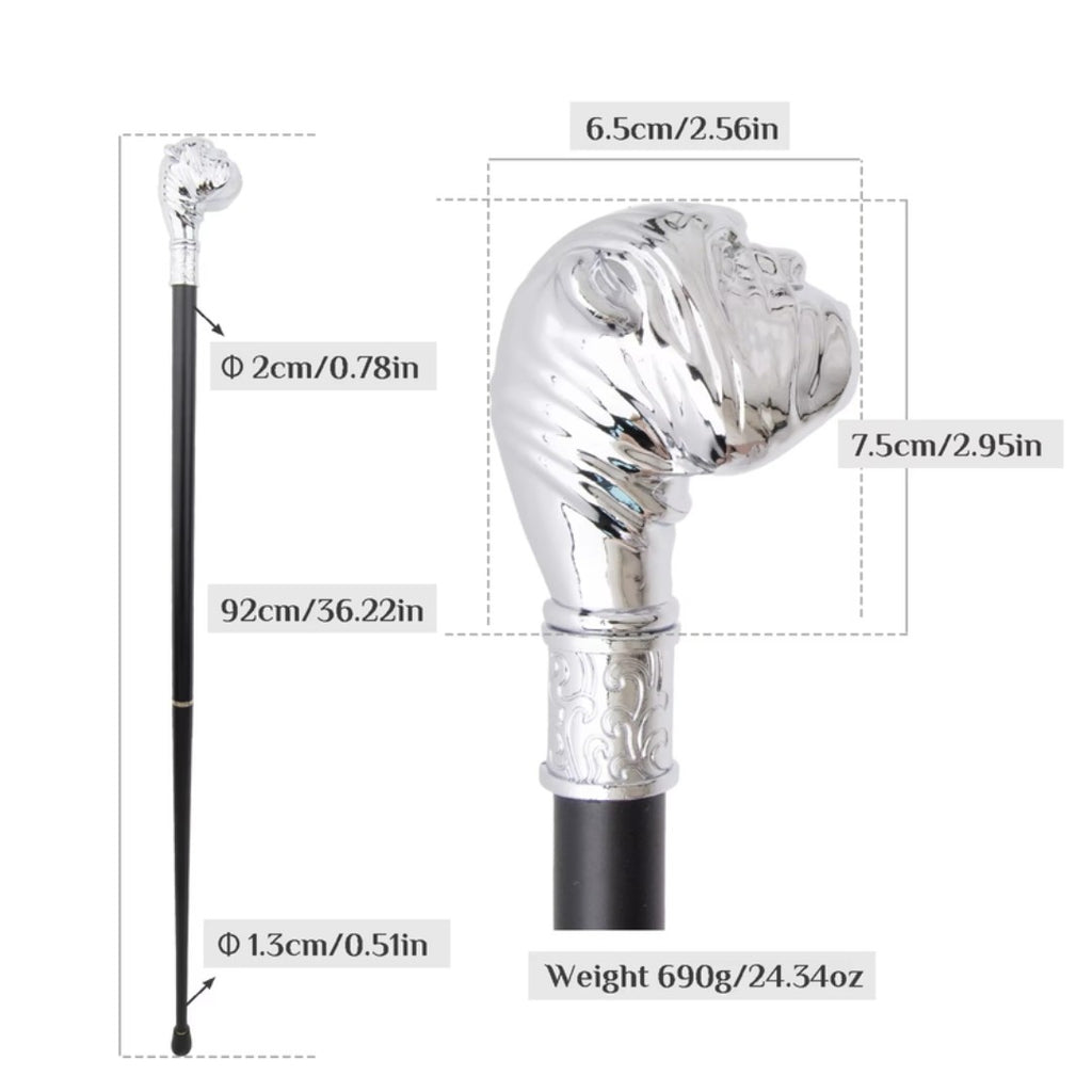 Bulldog walking cane silver full length view