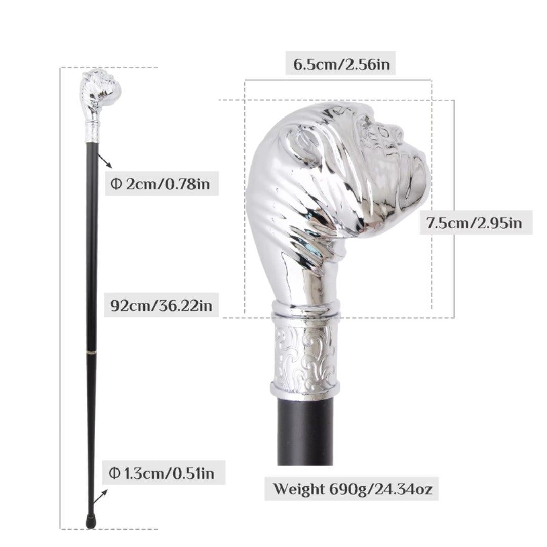 Bulldog walking cane silver full length view