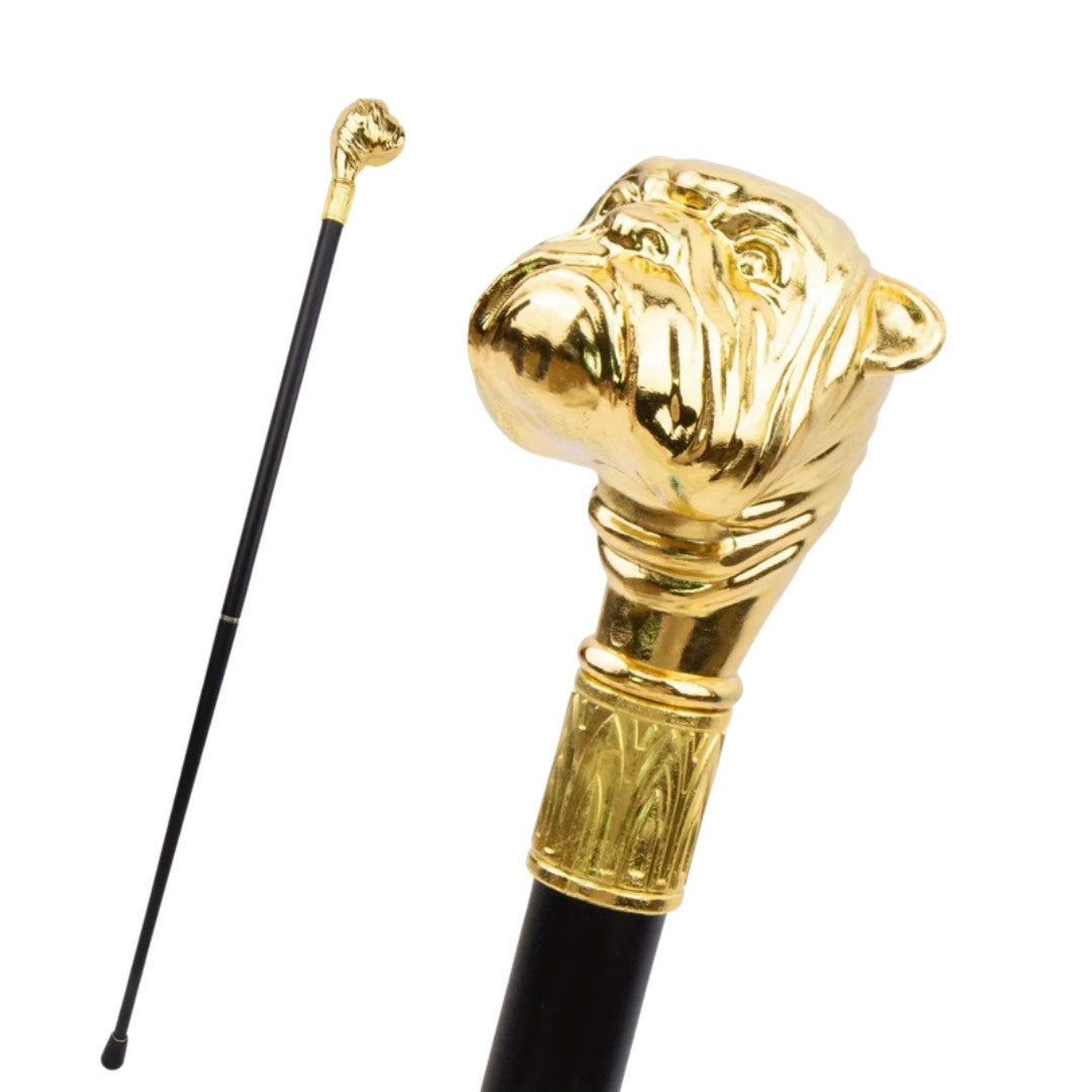 Bulldog walking cane in gold metal, 93cm