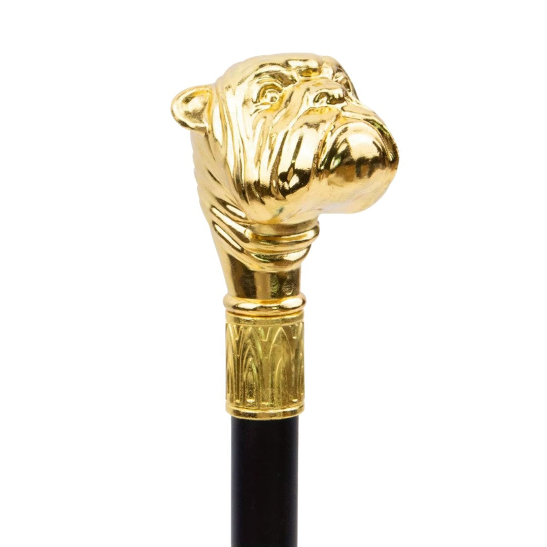 Gold bulldog head detail on walking cane