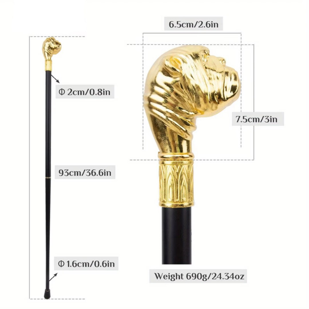 Bulldog walking cane gold full length view