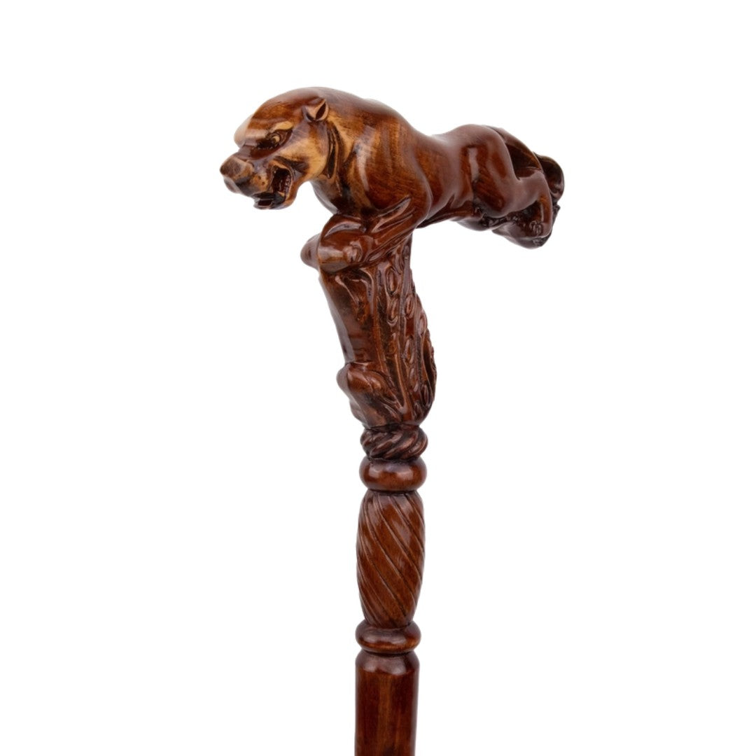Carved leopard walking cane in solid wood, 93cm