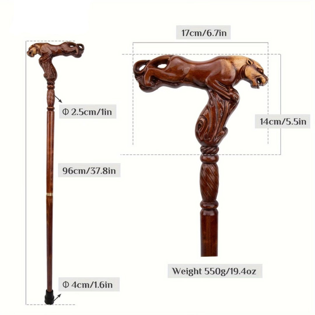 Prowling leopard hand carved wooden handle detail