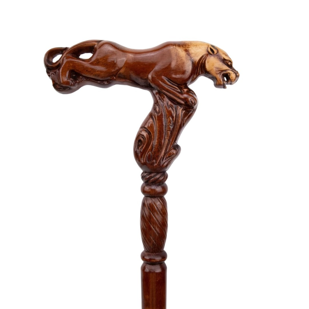 Carved leopard wooden walking cane full length view