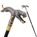 Running leopard walking cane in black and gold metal, 94cm