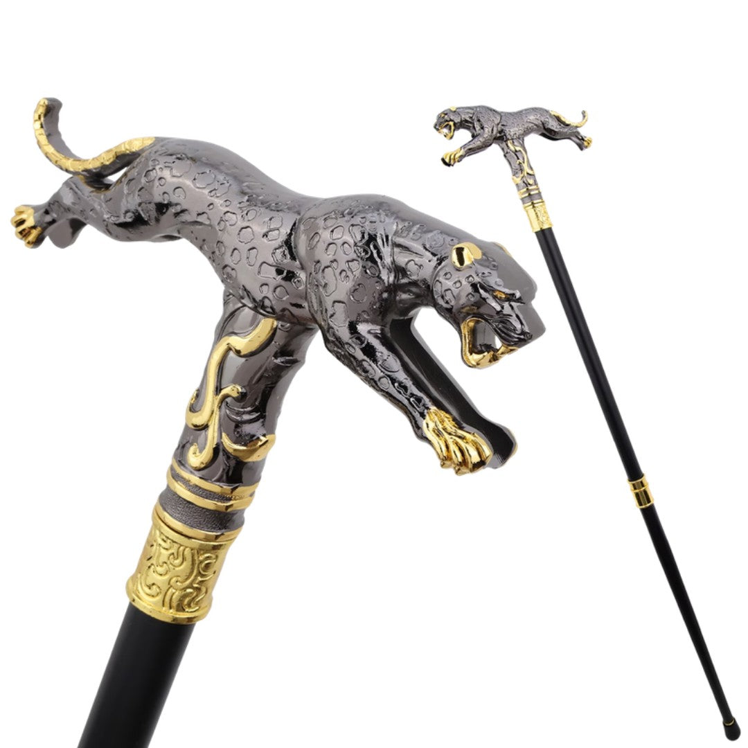 Running leopard walking cane in black and gold metal, 94cm