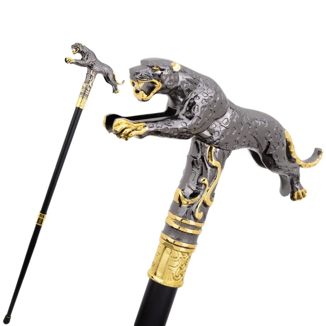 Running leopard walking cane black and gold full length